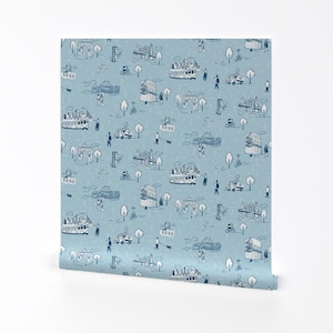 Brooklyn Toile Wallpaper - Brooklyn Toile By Mcswiss - Toile NYC Blue Custom Printed Removable Self Adhesive Wallpaper Roll by Spoonflower