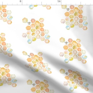 May include: A white background with a repeating pattern of watercolor honeycombs in shades of yellow, orange, and blue. Each honeycomb has a small bee in the center.