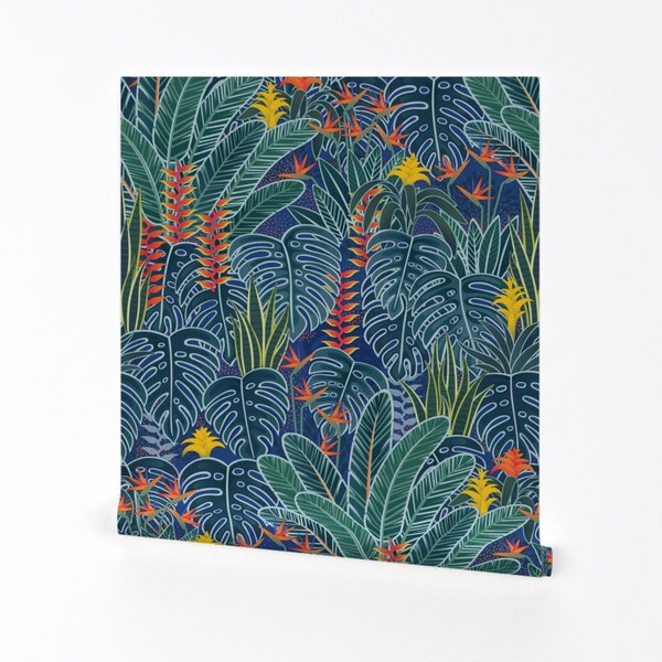 Tropical Wallpaper - Tropical Night By Patricia Lima - Green Orange Palm Monstera Blue Removable Self Adhesive Wallpaper Roll by Spoonflower