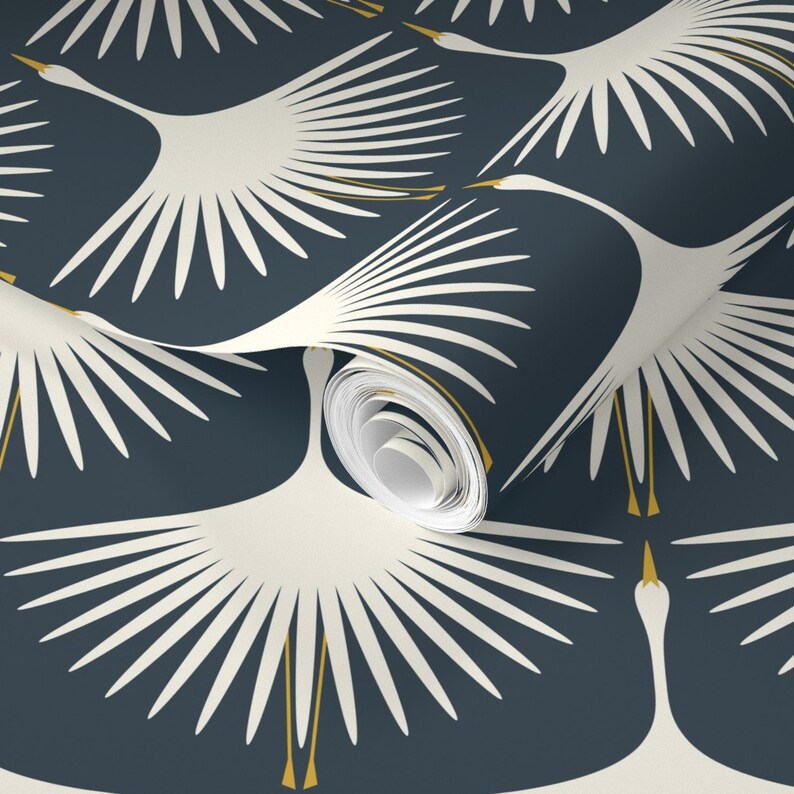 Swan Wallpaper Art Deco Swans 6 Gray Navy by - Etsy