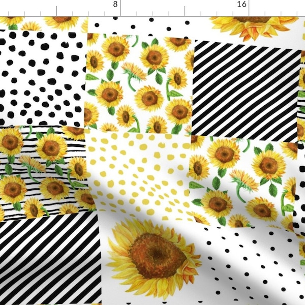 Cheater Quilt Fabric - Sunflower Quilt By Charlottewinter - Summertime Yellow Black White Floral Cotton Fabric By The Yard With Spoonflower