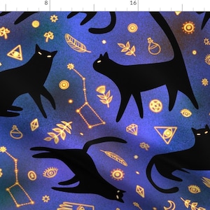 May include: A seamless pattern featuring black silhouettes of cats on a blue background with gold constellations, stars, and other mystical symbols.