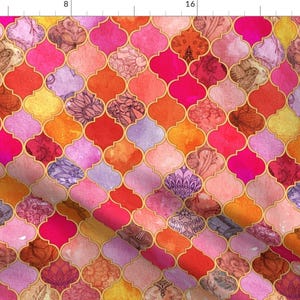 May include: A colourful pattern of pink, orange and purple Moroccan tiles with gold outlines. The tiles are arranged in a repeating geometric pattern.