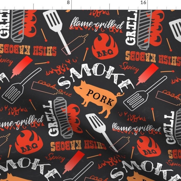 Barbecue On Black Fabric - Barbecue On Black By Pixabo - Cookout Barbecue Bbq Food Pork Pig Grill Cotton Fabric By The Yard With Spoonflower