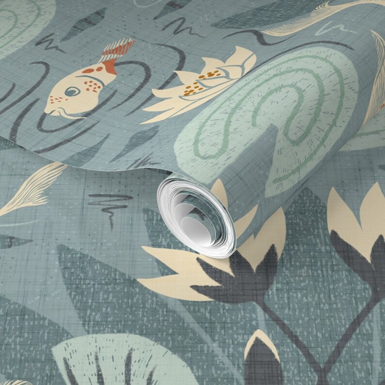 Tranquil Water Lily Wallpaper Water Lilies and Koi Fish by - Etsy