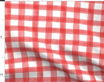 Red Checks Fabric - Watercolor Gingham In Watermelon By Willowlanetextiles - Red Party Checks Cotton Fabric By The Yard With Spoonflower