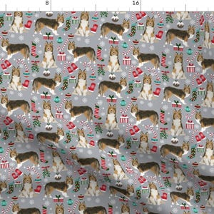 Sheltie Fabric - Sheltie Christmas Fabric Xmas Holiday Shetland Sheepdog Grey By Petfriendly - Cotton Fabric by the Yard with Spoonflower