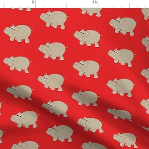 Hippo Fabric - Red Hippo By Coveredbydesign - Happy Hippos Red Beige Nursery Decor Kids Room Cotton Fabric By The Yard With Spoonflower