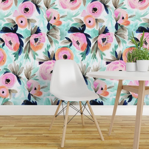 Floral Wallpaper - Big Summer Blooms By Crystal Walen- Pink Blue Floral Custom Printed Removable Self Adhesive Wallpaper Roll by Spoonflower