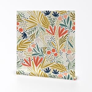 Moderne florale Tapete zum Abziehen und Aufkleben - Inspiriert von der Volkskunst - Wandkunst Wanddekor - Henrietta Floral Light von amy_macredy