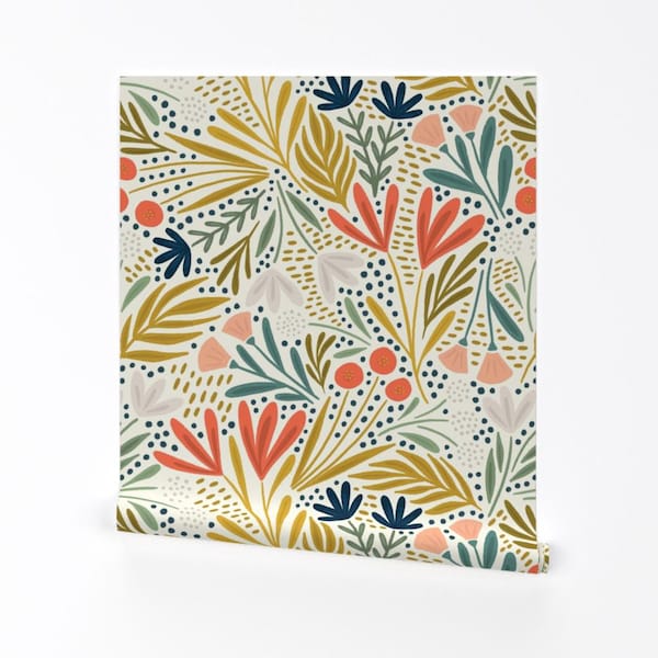 Modern Floral Removable Peel and Stick Wallpaper - Folk Art Inspired - Wall Art Wall Decor - Henrietta Floral Light by amy_maccready