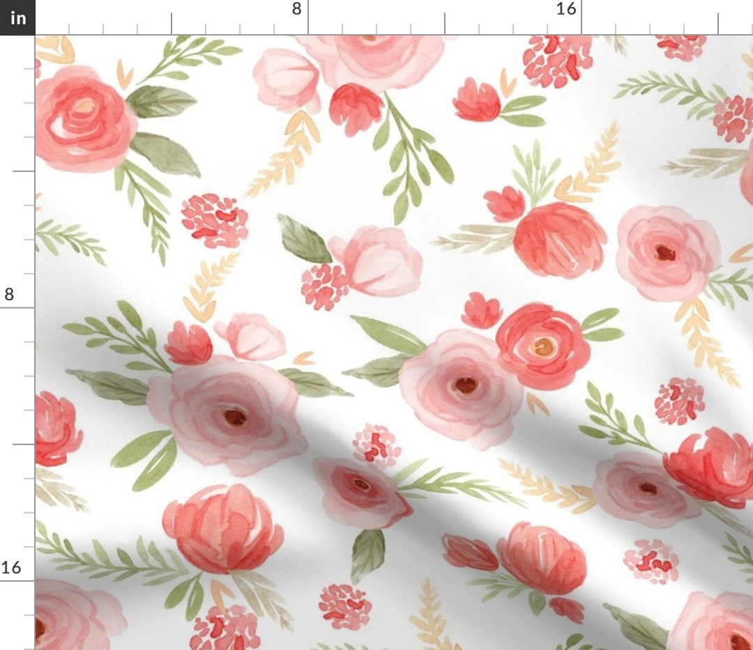 Spoonflower Fabric - Floral Watercolor Coral Blush Pink Navy Mustard Girly  Printed on Cotton Poplin Fabric by the Yard - Sewing Shirting Quilting
