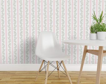 Cottagecore Stripe Peel and Stick Wallpaper - Pale Pink Soft Blue Grandmillenial - Removable Wall Decor Art - Libby Stripe by danika_herrick