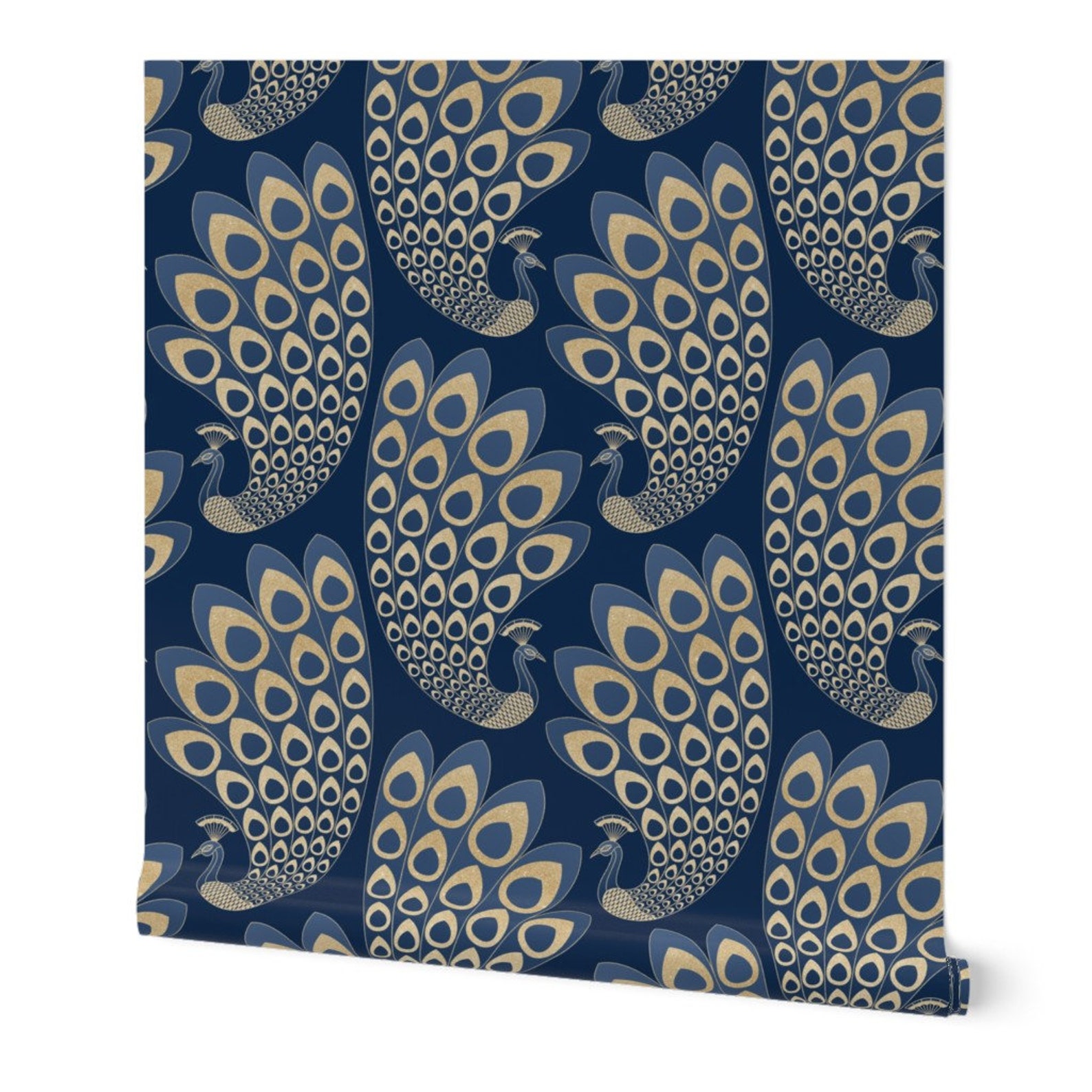 Art Deco Wallpaper Blue And Gold Art Deco Peacock By Marketa Etsy