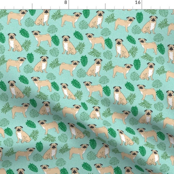 Pug Fabric - Pug Monstera Tropical Pet Fabric Blue By Petfriendly- Pug Tropical Leaves Summer Dog Cotton Fabric By The Yard With Spoonflower