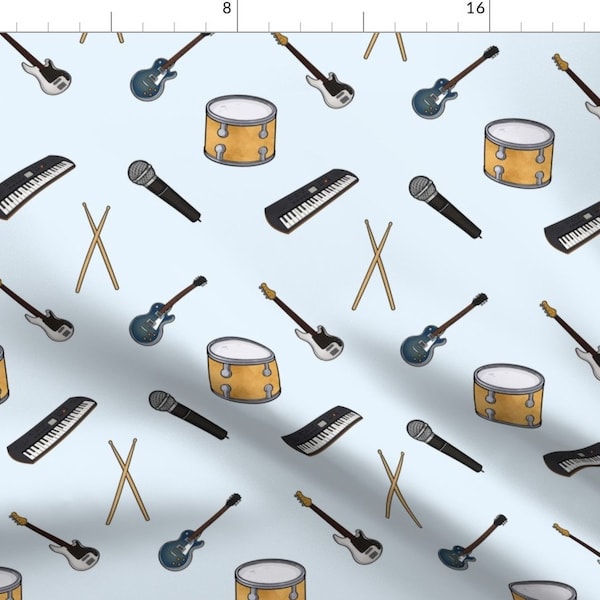 Music Fabric - Rock Band Instruments By Quietsnooze - Electric Guitar Keyboard Mic Drumstick Drum Cotton Fabric By The Yard With Spoonflower
