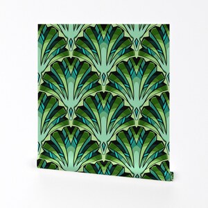 Green Deco Fans Wallpaper - Art Deco Jade by marta_strausa - Leaves Teal Abstract Art Deco Removable Peel and Stick Wallpaper by Spoonflower