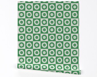 Vintage Green Flower Wallpaper - Checkered Floral Smile by camilaprints - Retro Modern 70s Removable Peel and Stick Wallpaper by Spoonflower