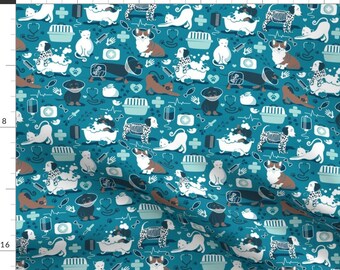 Vet Medicine Fabric - Happy And Healthy Turquoise Navy Blue Cats Dogs By Selmacardo - Vets Cotton Fabric By The Yard With Spoonflower