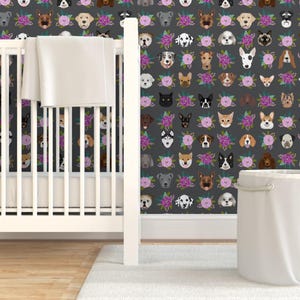 Pets Wallpaper - Dog Cat Floral Pet Lover Purple Gray By Petfriendly - Custom Printed Removable Self Adhesive Wallpaper Roll by Spoonflower image 6