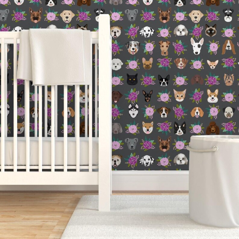 Pets Wallpaper - Dog Cat Floral Pet Lover Purple Gray By Petfriendly - Custom Printed Removable Self Adhesive Wallpaper Roll by Spoonflower image 6