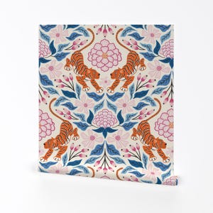 Maximalist Tropical Removable Peel and Stick Wallpaper - Jungle Damask Floral Tiger - Wall Art Wall Decor - Tiger Damask Pink by vivdesign