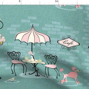 Poodle Fabric - The Pastry Thief By Studioxtine - Blue Paris France French Poodle Dog Cafe Table Cotton Fabric By The Yard With Spoonflower