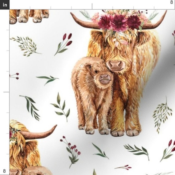 Spoonflower Fabric - Maroon Floral Highland Cow Pink Cows Scottish Printed  on Petal Signature Cotton Fabric Fat Quarter - Sewing Quilting Apparel