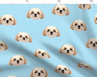 Blue Shih Tzu Fabric - Shih Tzu Dog Pattern - Blue Background By Designtherapy - Shih Tzu Cotton Fabric By The Yard With Spoonflower