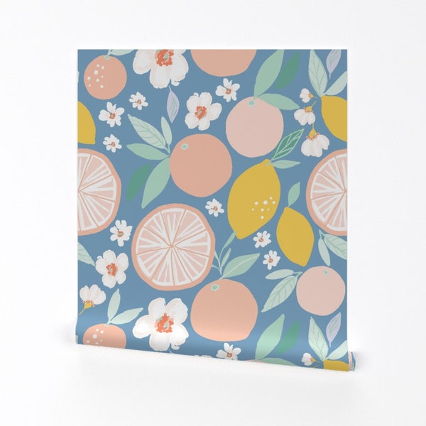 Papier peint floral agrumes - pamplemousse citron par Indybloomdesign - rouleau de papier peint auto adhésif amovible imprimé personnalisé agrumes par Spoonflower