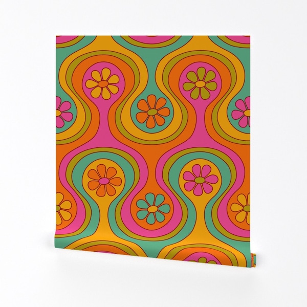 Pink And Orange Flower Wallpaper - Groovy 60s Floral by jenwebbcreates - Retro Daisy Removable Peel and Stick Wallpaper by Spoonflower