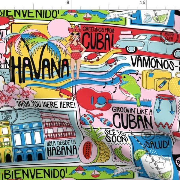 Cuba Vibrant Travel Postcards Fabric - Hola Cuba! By Nanshizzle - Cuba Neon Latin American Cotton Fabric By The Yard With Spoonflower