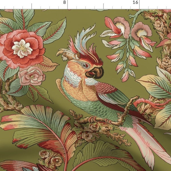 Parrot Fabric - Edwardian Parrot Dogwood Dream On Thomas By Peacoquettedesigns - Tropical Floral Cotton Fabric By The Yard With Spoonflower