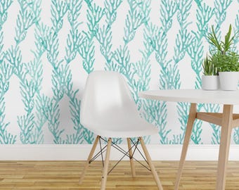 Papel pintado Coral - Coral Teal Mermaid Coordinate de Littlearrowdesign - Rollo de papel pintado autoadhesivo removible impreso a medida por Spoonflower