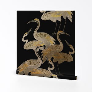 Black Removable Peel and Stick Wallpaper -  Birds Deco Designer Cranes Onyx - Wall Art Wall Decor - Art Deco Cranes by shellyturnerdesigns
