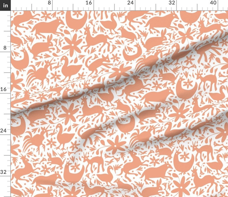 Orange Pink Otomi Fabric Mexico Springtime Peach On White Etsy