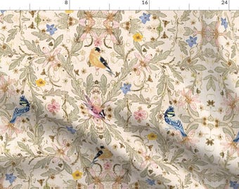 Vintage Birds Fabric - Victorian Floral Damask by mypetalpress - Victorian Damask Botanical Wildflowers  Fabric by the Yard by Spoonflower