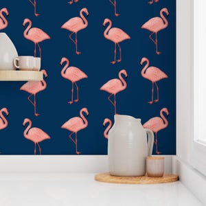 Flamingo Wallpaper - Flamingos On Navy By Willowlanetextiles - Flamingo Custom Printed Removable Self Adhesive Wallpaper Roll by Spoonflower image 7