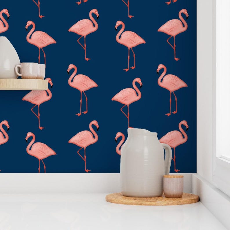 Flamingo Wallpaper - Flamingos On Navy By Willowlanetextiles - Flamingo Custom Printed Removable Self Adhesive Wallpaper Roll by Spoonflower image 7