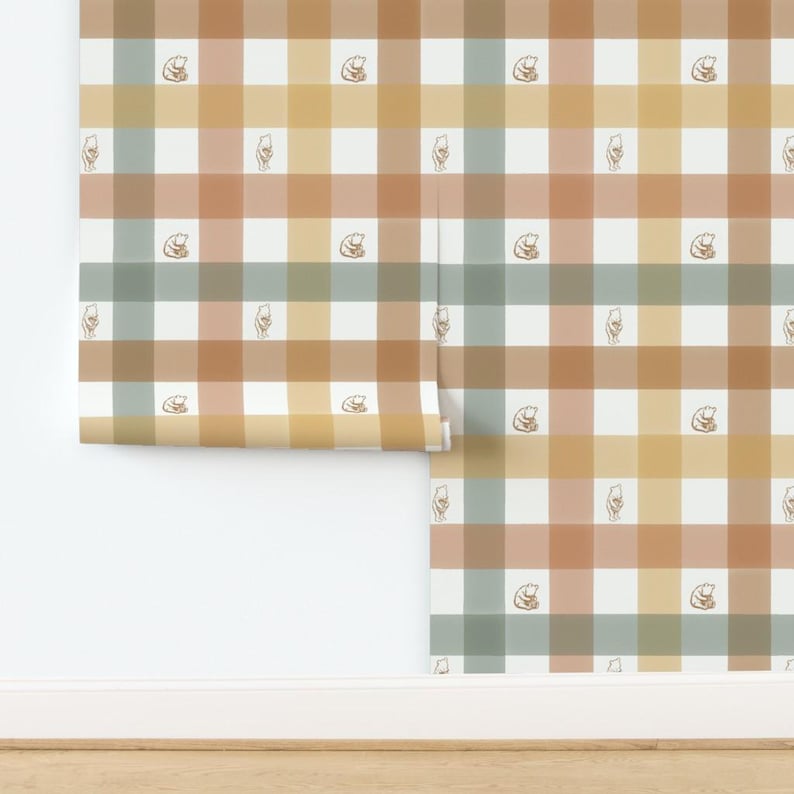 Pooh Gingham Peel and Stick Wallpaper - Vintage Gingham Warm Neutral - Removable Wall Decor Art - Winnie-the-pooh by at_the_cottage image 4