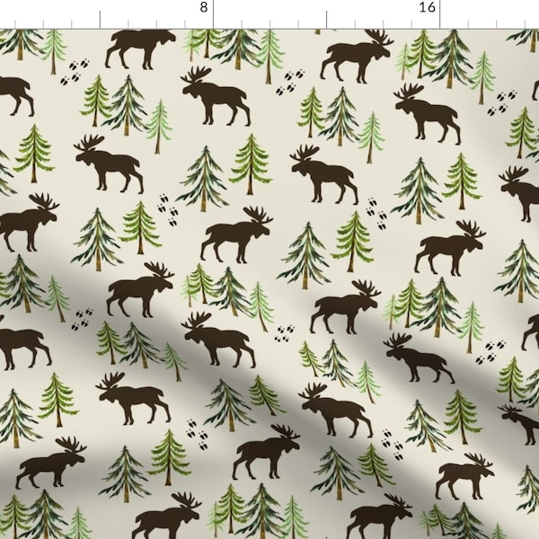 Moose Fabric - Forest Moose Tracks - Woodland Pine Trees - Large Scale A By Gingerlous - Moose Cotton Fabric By The Yard With Spoonflower