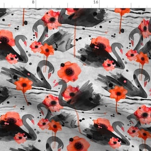 Black Swan Watercolor Floral Fabric - Black Swans And Poppies By Karismithdesigns - Black Swans Cotton Fabric By The Yard With Spoonflower
