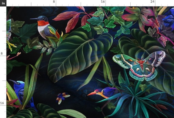 Tropical Jungle Fabric - Tropical Paradise by olgasoi007 - Maximalist Butterflies Birds Wallpaper Jungle Fabric by the Yard by Spoonflower