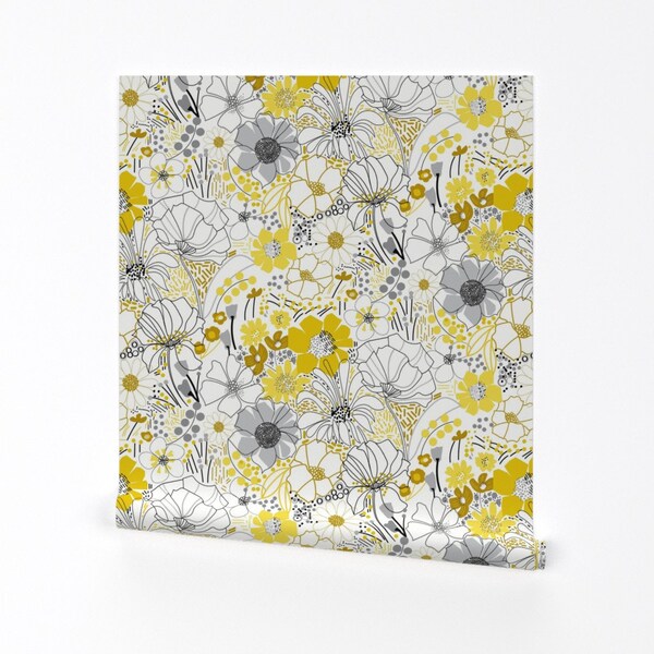 Wildflower Wallpaper - Good Day Sunshine By Nathalie Robbins - Yellow White Gray Large Removable Self Adhesive Wallpaper Roll by Spoonflower