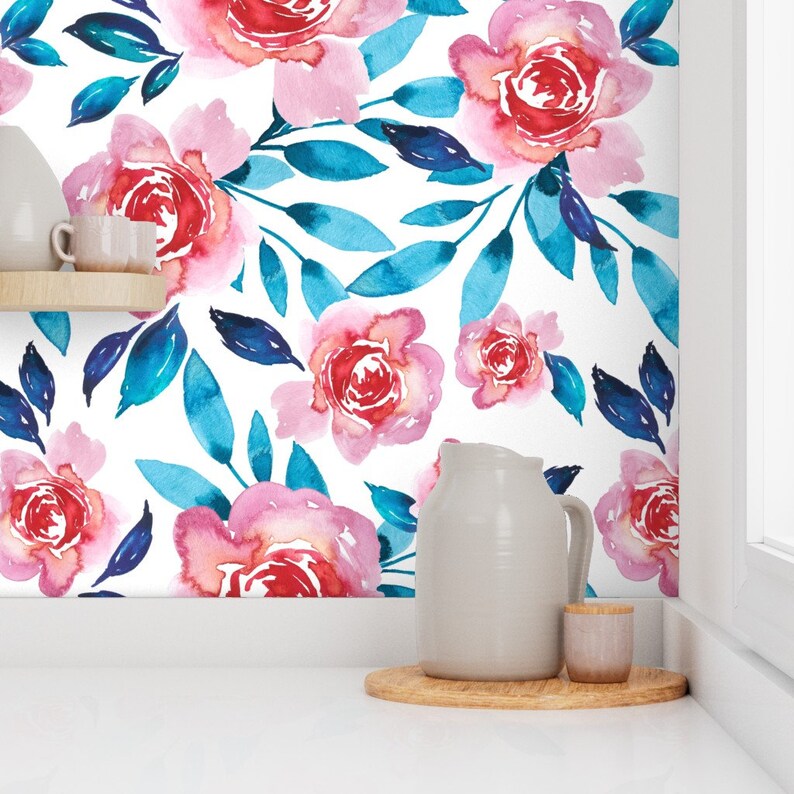 Floral Nursery Wallpaper Blush Blue Flowers by Etsy