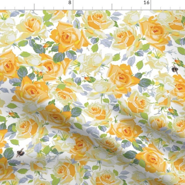 Floral Fabric - Eloise White By Lilyoake - Floral Vintage Style Yellow Roses Cotton Fabric By The Yard With Spoonflower