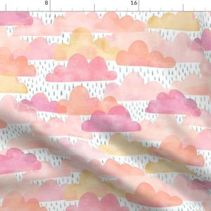 May include: A seamless pattern featuring watercolor clouds in shades of pink, orange, and yellow. The clouds are arranged in a random pattern and are set against a white background. The pattern is perfect for use in a variety of projects, such as fabric, wallpaper, and stationery.