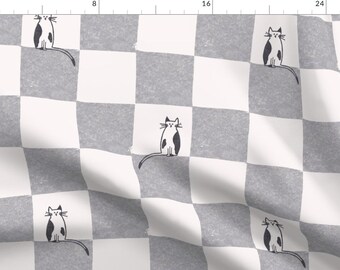 Checkered Cat Fabric - Checkerboard Kitty by marielemoal - Whimsical Kitty Weathered Gray Eggshell Fabric by the Yard by Spoonflower