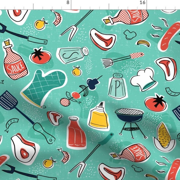 Backyard Bbq Fabric - Backyard Bbq - Aqua By Heatherdutton - Bbq Cookout Grill Meat Corn Tomato Cotton Fabric By The Yard With Spoonflower