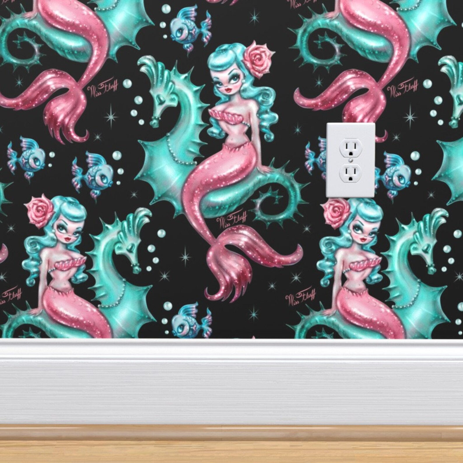 Vintage Mermaid Wallpaper Mermaid on Black Small by Miss | Etsy